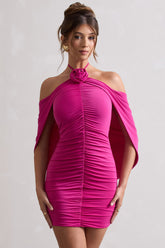 Dark Pink Ruched Halter-Neck Draped Mini Dress With Corsage